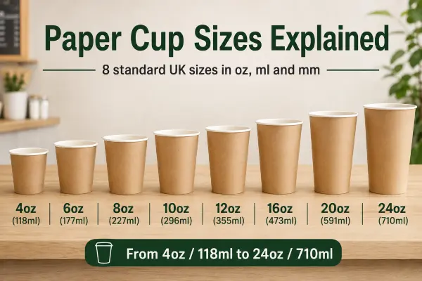 Lineup of different standard paper cup sizes arranged from smallest to largest