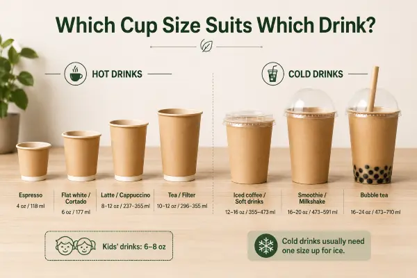 Different types of coffee and beverages served in matching paper cup sizes