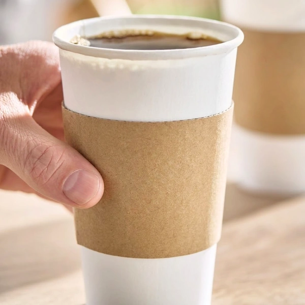 10 to 16oz recyclable kraft brown paper cup sleeve in use 10 to 16oz recyclable kraft brown paper cup sleeve in use