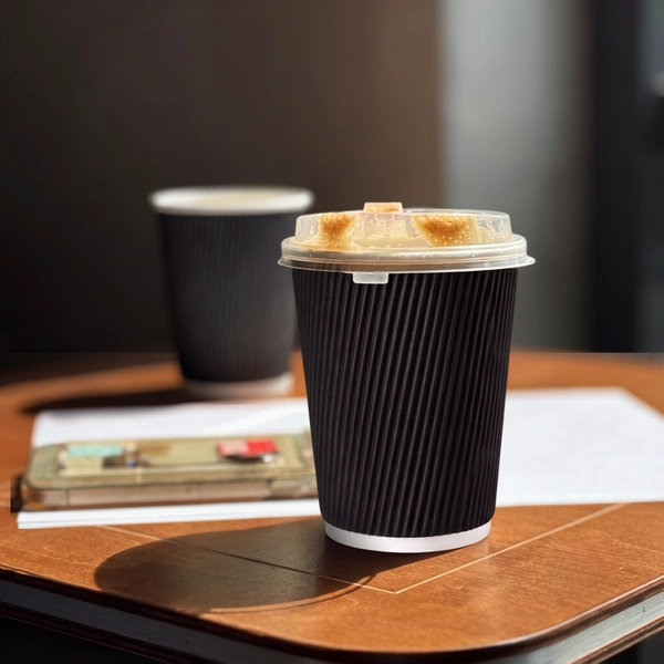 12oz black ripple wall paper cup in use 12oz black ripple wall paper cup in use