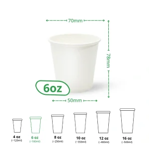6oz white single wall paper cup specs