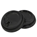 80mm reclosable black lid on an 8oz paper cup, tab closed, front view