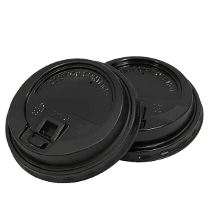 80mm reclosable black lid on an 8oz paper cup, tab closed, front view