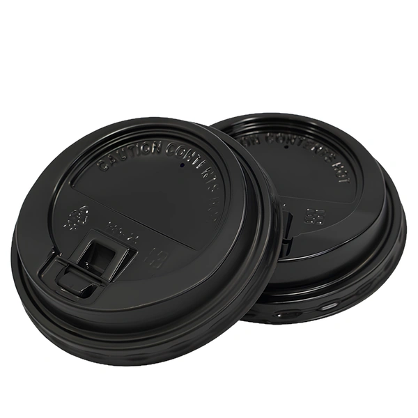 80mm reclosable black lid on an 8oz paper cup, tab closed, front view 80mm reclosable black lid on an 8oz paper cup, tab closed, front view