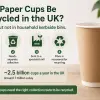 A stack of disposable paper coffee cups showing recyclability status in the UK