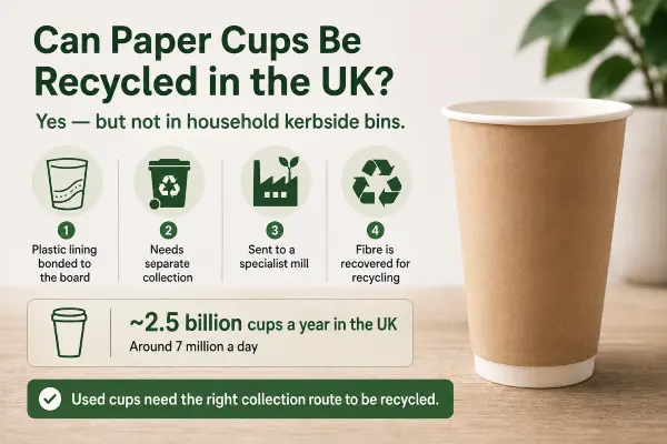 A stack of disposable paper coffee cups showing recyclability status in the UK
