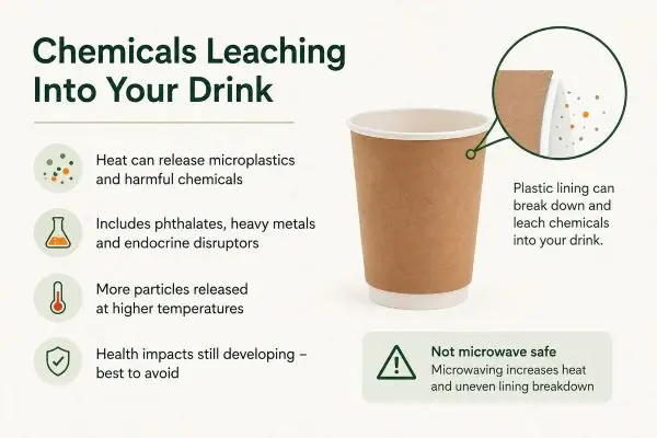 Close-up of a disposable paper cup heating up, representing chemical leaching risks.