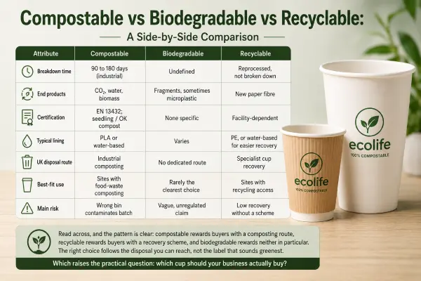 Side-by-side comparison of compostable, biodegradable, and recyclable paper cups showing key differences