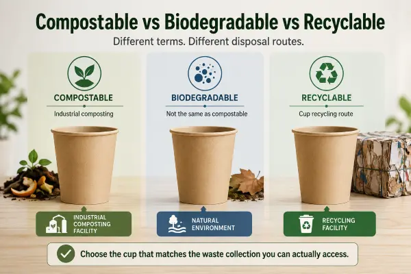 Comparison of compostable, biodegradable, and recyclable paper cups to choose eco-friendly packaging