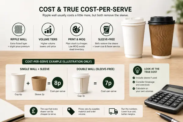 Financial cost comparison and analysis of true cost per serve between ripple wall and double wall paper cups for cafes.
