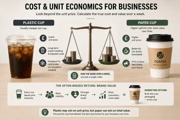 Financial charts and beverage cups illustrating cost and unit economics for business operations