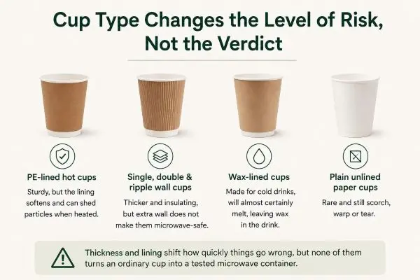 Various types of drink containers, including paper, ceramic, and plastic cups, lined up together.