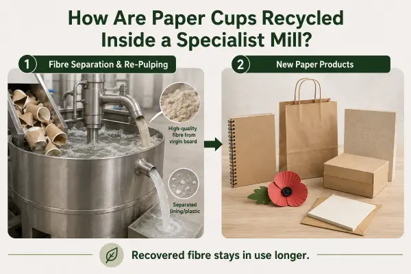 Industrial machinery processing paper cups inside a specialist recycling facility