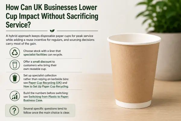 UK coffee shop barista serving a sustainable drink to a customer, demonstrating eco-friendly business practices without compromising service quality