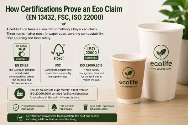 Green eco-friendly certification seals and badges displayed on sustainable paper packaging