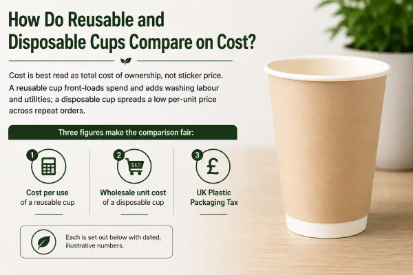 Financial cost comparison chart and calculator showing long-term savings of reusable cups versus ongoing expenses of disposable paper cups