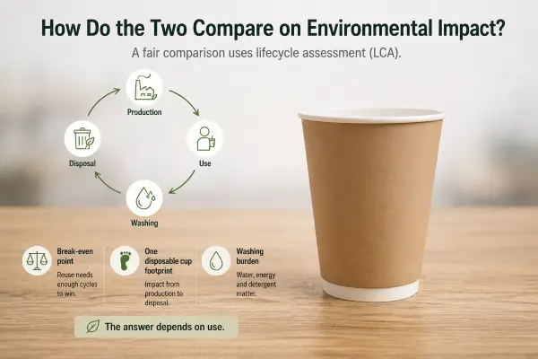 Infographic and environmental impact comparison chart showing the carbon footprint and waste lifecycle of reusable cups versus disposable paper cups