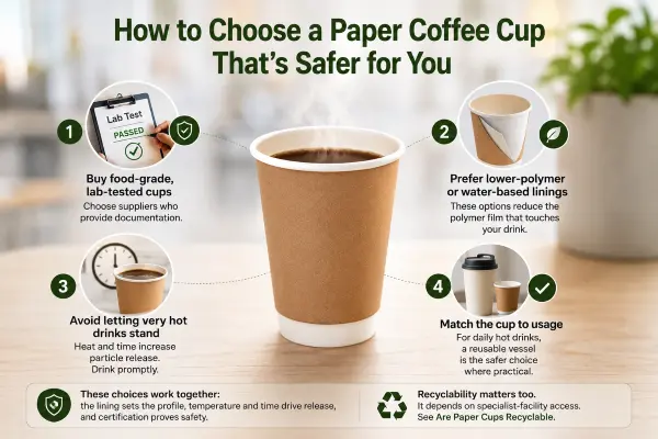 Checklist guide illustrating steps to select safer, eco-friendly, and non-toxic paper coffee cups