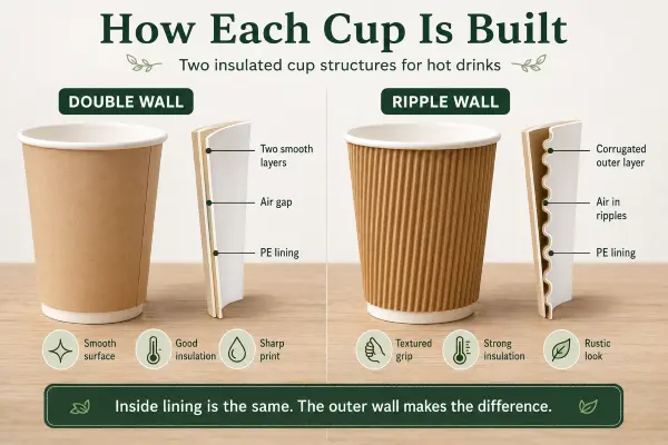 Cross-section diagram illustrating the layered construction and manufacturing differences between ripple wall and double wall paper cups.
