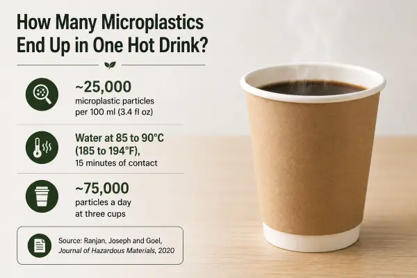 Infographic showing microplastic particle release from a paper cup into a hot beverage
