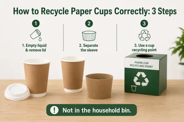 A person sorting disposable coffee cups and lids into the correct recycling bins