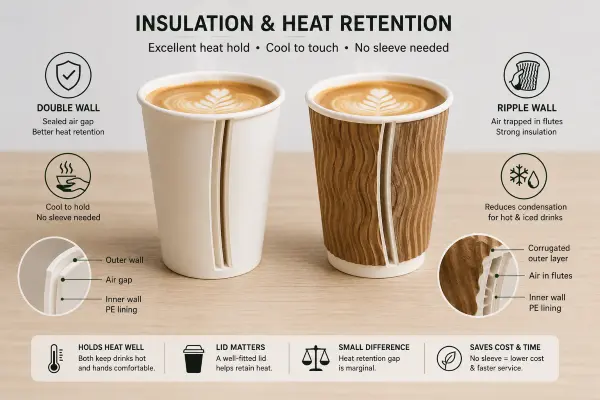 Heat retention and thermal insulation performance comparison between ripple wall and double wall paper cups.