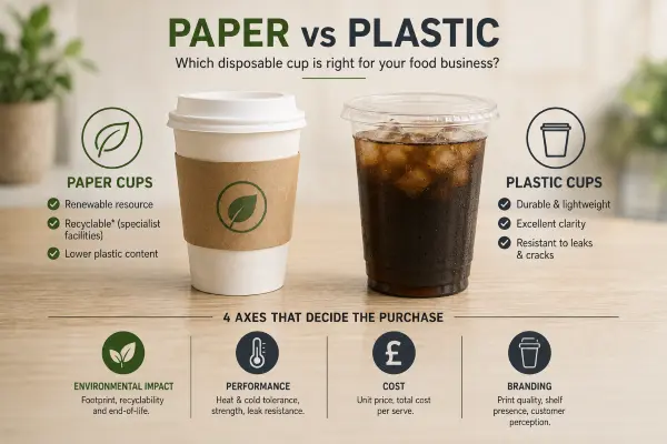A comparison of paper cups vs plastic cups on a clean surface