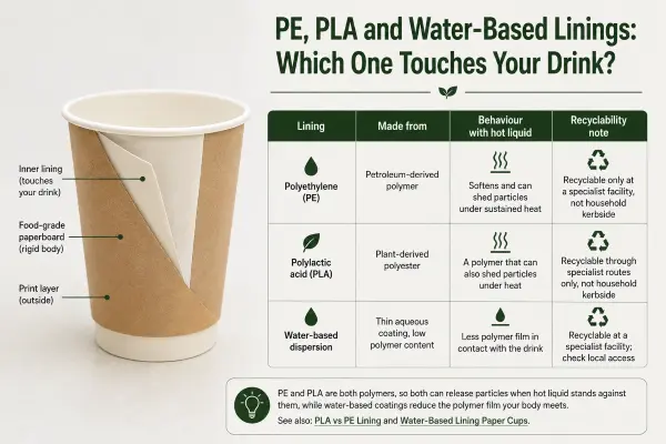 Comparison chart showing PE, PLA, and water-based cup linings that contact hot beverages