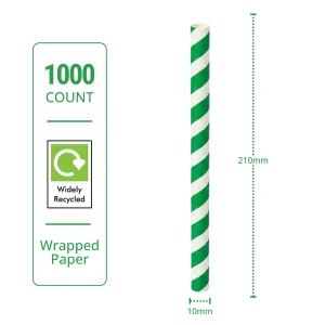 recyclable green stripe wrapped paper straw 210mm x 10mm specs