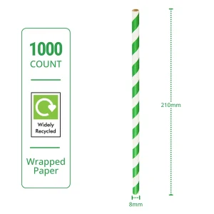recyclable green stripe wrapped paper straw 210mm x 8mm specs