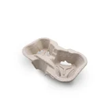 Moulded paper 2 cup carrier tray holding two takeaway cups, front view
