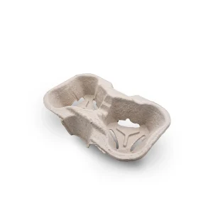 Moulded paper 2 cup carrier tray holding two takeaway cups, front view