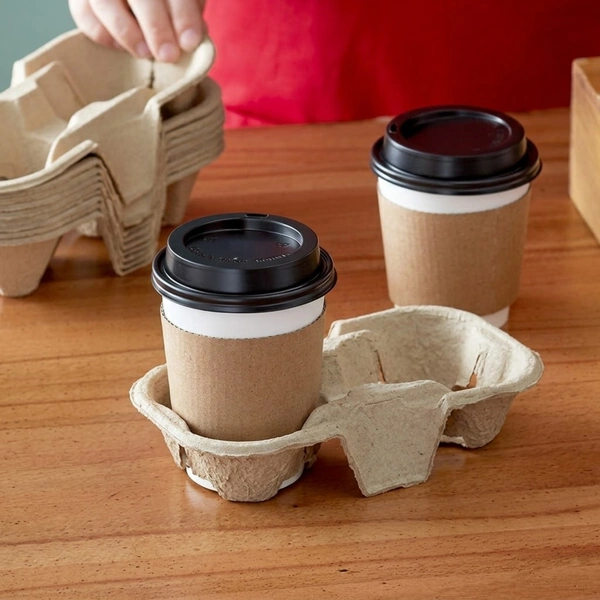 recyclable paper 2 cup carrier tray in use recyclable paper 2 cup carrier tray in use