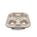 Moulded paper 4 cup carrier tray holding four takeaway cups, front view