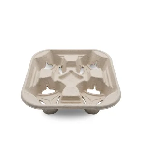 Moulded paper 4 cup carrier tray holding four takeaway cups, front view