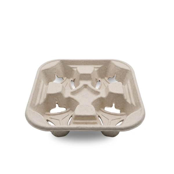 Moulded paper 4 cup carrier tray holding four takeaway cups, front view Moulded paper 4 cup carrier tray holding four takeaway cups, front view