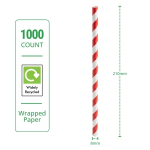 recyclable red stripe wrapped paper straw 210mm x 8mm specs