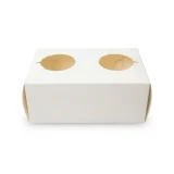 White paper holder carrying two takeaway cups, front view on plain background