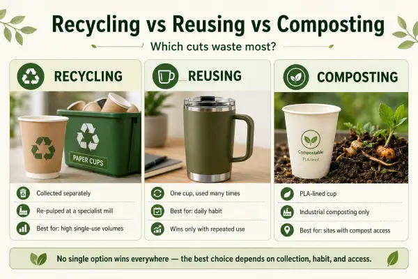 Eco-friendly alternatives including reusable travel mugs and compostable paper cups