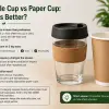Comparison of reusable ceramic mugs versus disposable paper coffee cups on a wooden table