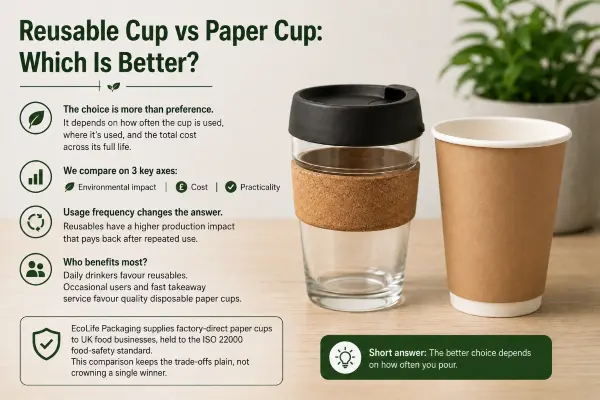 Comparison of reusable ceramic mugs versus disposable paper coffee cups on a wooden table