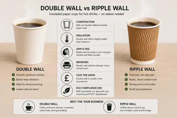 A comparison of ripple wall and double wall paper cups showcasing insulation and design differences.