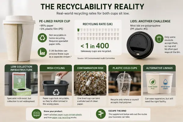 Close-up of various coffee cups highlighting the recyclability reality of paper and plastic