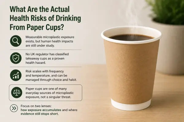Infographic detailing potential health risks associated with chemical and microplastic exposure from paper cups