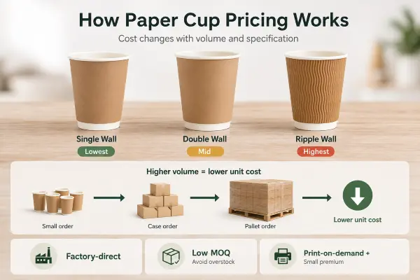 Stack of disposable paper coffee cups in a wholesale warehouse setting, illustrating bulk packaging and unit pricing