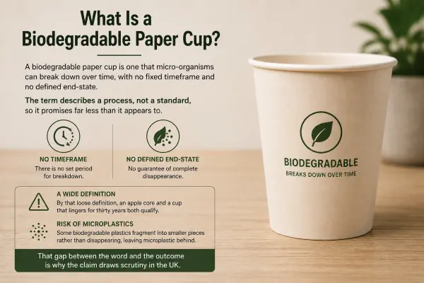 A biodegradable paper cup set against a natural background to show eco-friendly degradation