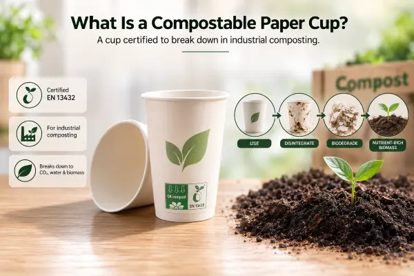 Close-up of a sustainable compostable paper cup highlighting eco-friendly material and natural breakdown