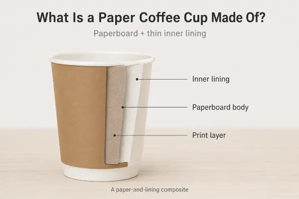 Cross-section diagram breaking down the inner plastic lining and paper layers of a typical coffee cup