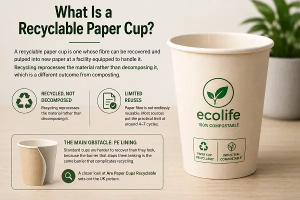 A recyclable paper cup designed for proper waste sorting and facility processing