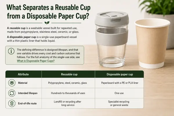 Close-up comparison highlighting the structural and material differences between a durable reusable cup and a disposable paper cup